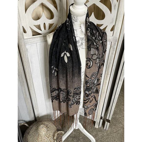 Estate Floral Ombre Sparkle Burnout Scarf Wrap Shawl Scarf Black 64in X 17in - Picture 2 of 5